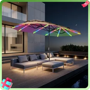 [RGB LED] PHI VILLA 13ft/15ft Double-Sided Patio Umbrella with RGB Solar LED Lights, Double Vent Top & Base – Extra Large Backyard & Pool Umbrella