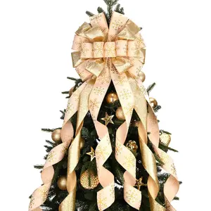 Christmas Tree Topper Christmas Wreath Bow 45x12 Inches Large Christmas Toppers Bow with Snowflake Patterned Tree Décor Christmas Home Indoor Outdoor Decoration-Champagne Gold