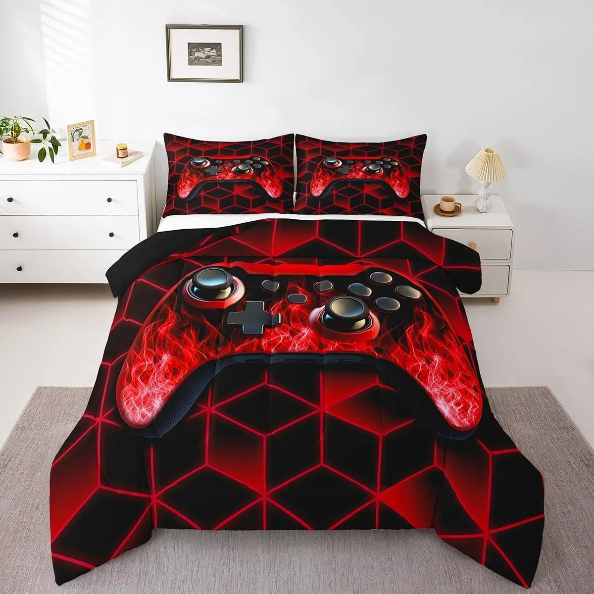 Feelyou Red Queen Printed Gamer Theme Comforter Set - Neon D-Geometric Design, Flame Game Console Decor, Soft Breathable Twin Bedding, Lightweight Warm, Large Graphic Duvets & Sets, Multi-Size, Travel-Friendly, Low Roll Over and Dry, All Ages, Machine Was