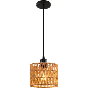 Woven Boho Rattan Pendant Chandelier Farmhouse Pendant Lighting with Hand Woven Wicker Shade Hanging Ceiling Light Fixture for Kitchen Island