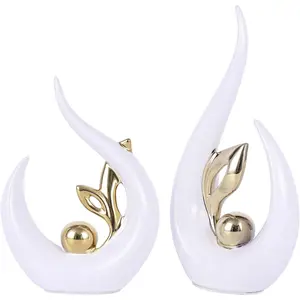 Gold Ceramic Abstract Sculptures - Home Decor Statue, Unique Ceramic Art for Shelves, TV Stand, Fireplace, Coffee Table, and Dining Table - Good Luck Ceramic Sculpture (White Gold)