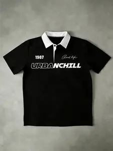 "1987" Vintage Minimalist Polo Shirt - Black, Retro Vibe  Contrast Collar & Slogan Print, Versatile for Daily Wear. #1987VintagePolo #CasualStyle