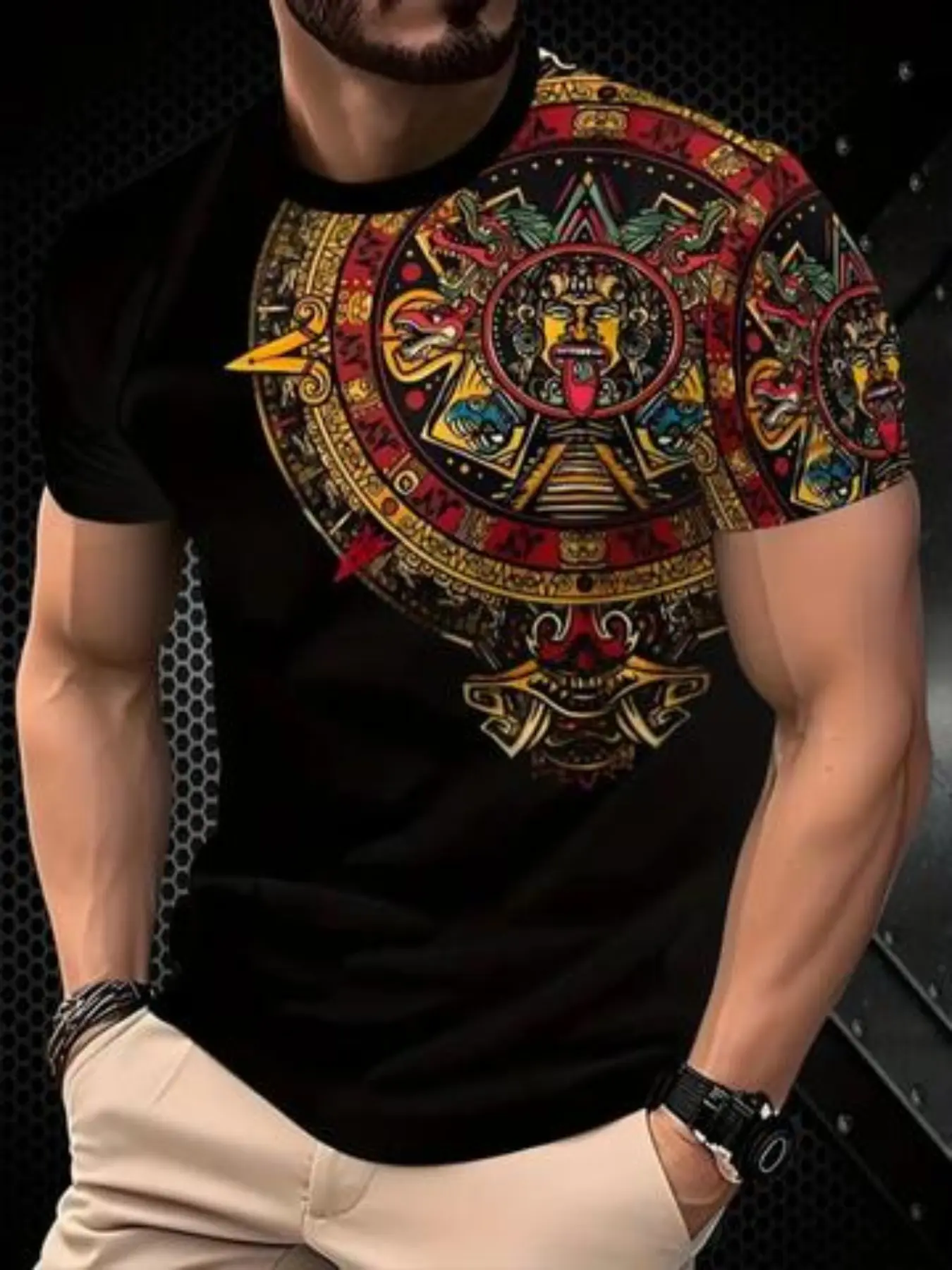 Men's 3D Printed Indian Style Colorful Pattern Casual Streetwear Menswear T-Shirt, Breathable Round Neck Regular Fit, Durable Printing Quality, Casual Graphic Tee, Fashion Streetwear Top, Fashion Tees