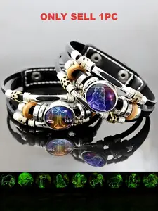 Glow-in-the-Dark Leather Zodiac Bracelet 12 Constellation Horoscope Jewelry for Men Women Premium Genuine Leather Adjustable Strap Vintage Wrap Design Ideal Gift for Astrology Lovers