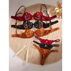 6pcs Lily Embroidery Lingerie Set, Semi-Sheer Steel Ring Bra and Adjustable Thong, Single-Layer Color Block Bra and Panties, Beautiful Fashionable Daily Sexy Underwear for Women'S Charm