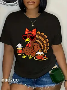100% Cotton Funny Turkey Drinking Coffee Fall Thanksgiving Costume Women T-Shirt