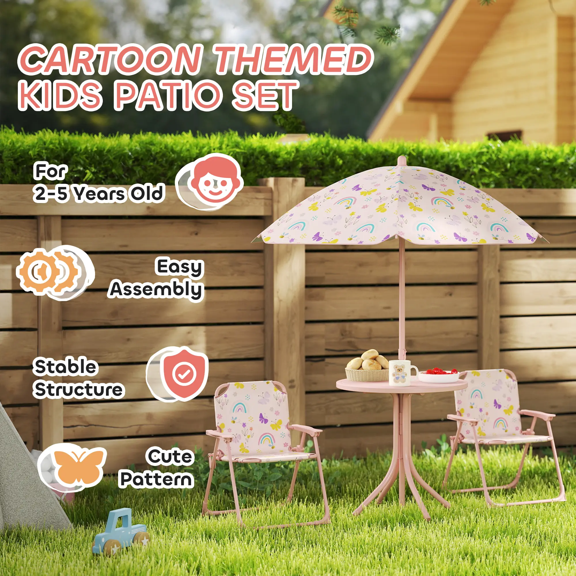 【Springtok】Outsunny Folding Kids Table and Chair Set, Picnic Table with Frog Pattern Removable & Height Adjustable Sun Umbrella for Garden, Backyard