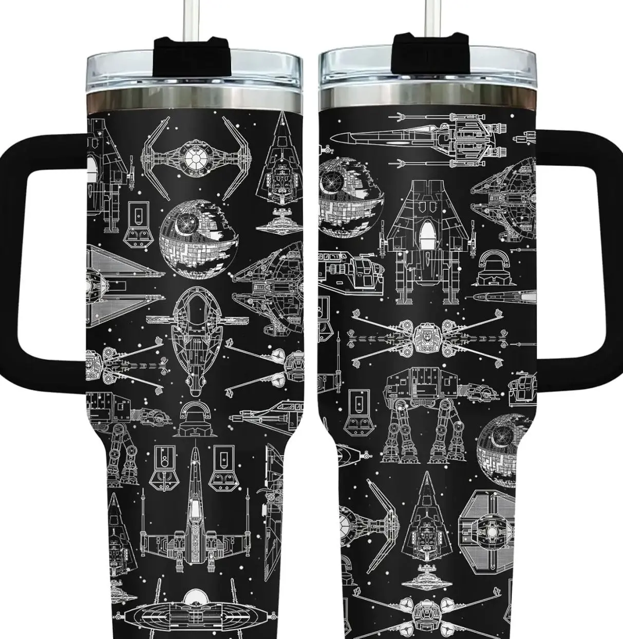 Galaxy Spaceship Tumbler 40oz with Handle and Straw - Sci-Fi Star Battle Travel Mug - Stainless Steel Insulated Cup for Men & Fans – Space Gift Idea for Movie Cinema Lovers