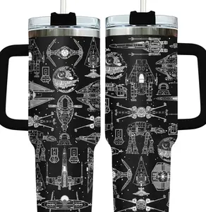 Galaxy Spaceship Tumbler 40oz with Handle and Straw - Sci-Fi Star Battle Travel Mug - Stainless Steel Insulated Cup for Men & Fans – Space Gift Idea for Movie Cinema Lovers