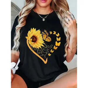 100% Cotton Sunflower Butterfly Heart Summer Floral  Women T-Shirt