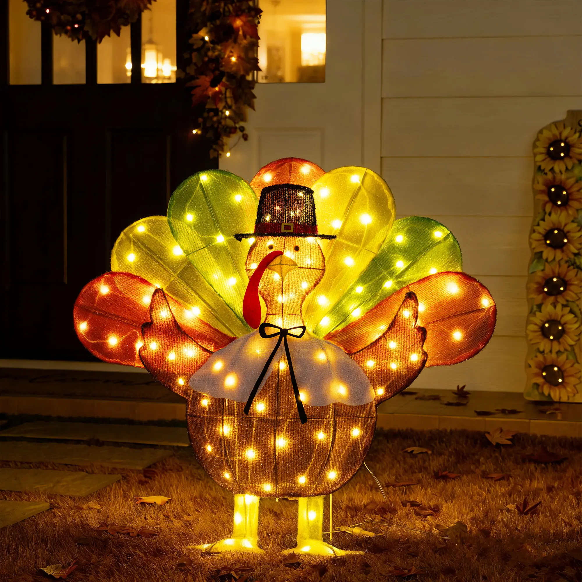 Glitzhome Classic 35.5" Tall 2.5D Thanksgiving Lighted Fabric Blend Turkey Outdoor Decoration, Metal Hat, 100 Warm White LED Lights, Feather Panel, Bow Tie, 2 Ground Stakes, 30% Iron