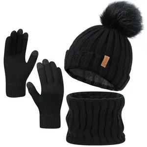 Winter hat and glove set for men and women, cold weather touchscreen hat and gloves, warm 3-in-1 winter set