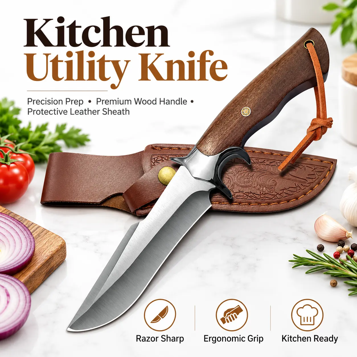 Household stainless steel food preparation knife, suitable for cutting and handling various ingredients in the kitchen. It features an ergonomic natural wooden handle, integrated hand guard and sharp blade, serving as a kitchen tool for food processing.