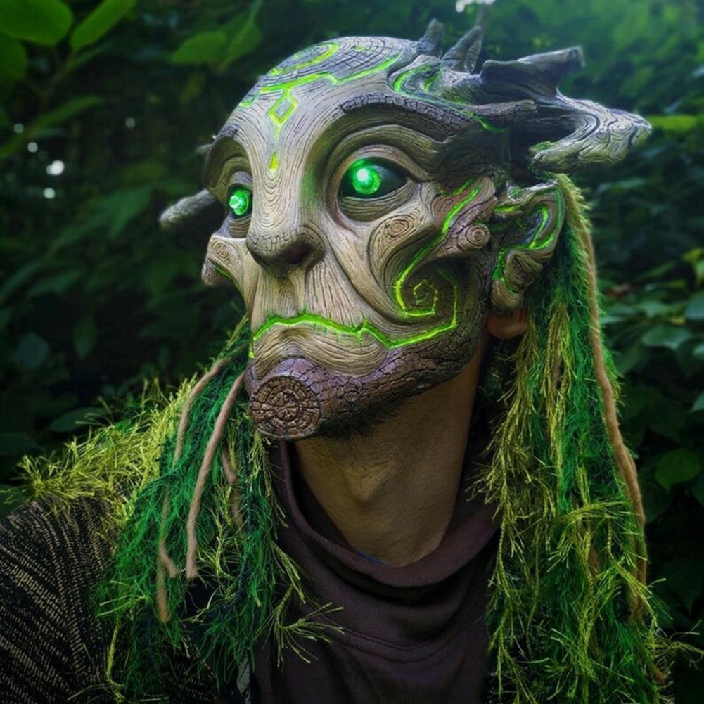 LED Scary Forest Spirit Green Elf Old Man Mask, Realistic Latex Horror Headdress with Creepy Demon Tree Ghost Effect, Halloween Cosplay Costume Party Carnival Prop Adjustable Waist Tightener Clip confetti eggs Golden Handmade Resin Craft Mask for Events