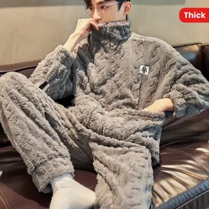 Warm Velvet Plus Size Men's Coral Fleece Pajamas - Thickened Stand Collar Zipper Style Two-piece Set for Autumn and Winter