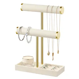 2 Tier Bracelet Holder Display - Detachable T Bar Beige Velvet Bracelet Holder, Jewelry Holder Organizer for Bracelet, Necklace, Earrings, Rings