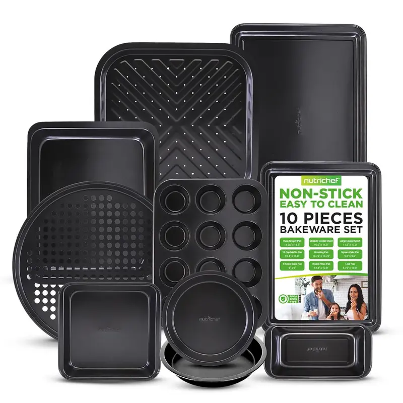 Nutrichef 10-Piece Carbon Steel Baking Set - Gray Nonstick, 446°F Heat-Ready, Stackable Space-Saver, Includes 12-Cup Muffin, Pizza, Loaf, Cookie Sheets, Roasting & Cake Pans, Durable, Dishwasher Safe, PFOA/PTFE-Free Kitchen Bakeware, 12‑Cup Muffin Pan, Ca