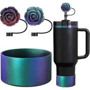 Gradient  Boot and 2 count 10MM Glitter Straw Cover, Anti-Slip Sleeves Bottom Protector Compatible with  Cup 20 30 40 Oz Water Bottle 2.8-3IN Base Christmas Tumbler Accessories Gifts