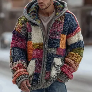 Men's Digital Plaid-Print Hoodie Coat, Menswear Tops with Polyester Fabric and Long Sleeves