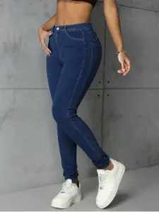 Deep Blue High‑Waist Exposed Side Stitch Skinny Jeans, Casual Body‑Hugging Daily‑Wear Denim Pants for Women