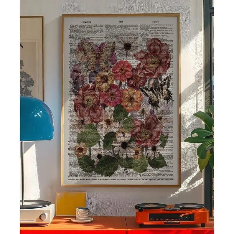 Antique Wildflower Dictionary Art Poster, Flower Themed dictionary prints, Vintage Wall Decor Newspaper Print, Trendy Aesthetic Wall Art Decoration Unique Artwork (No Frame)