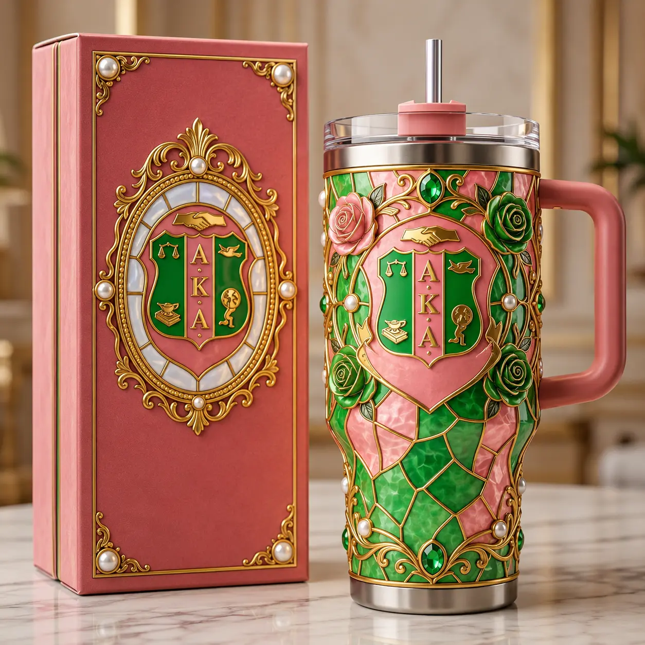 Alpha Kappa Alpha Sorority 40oz Tumbler with Handle & Straw, Pink and Green Pearl Insulated Cup, AKA Sisterhood Travel Mug, Elegant Greek Life Gift for Sorority Members