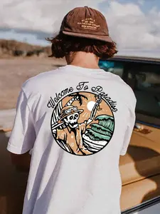 Men's Skull & Letter Print Round Neck Tee, Regular Fit Casual Streetwear Short Sleeve T-shirt for Summer, Men's Top for Daily Wear, Tropical