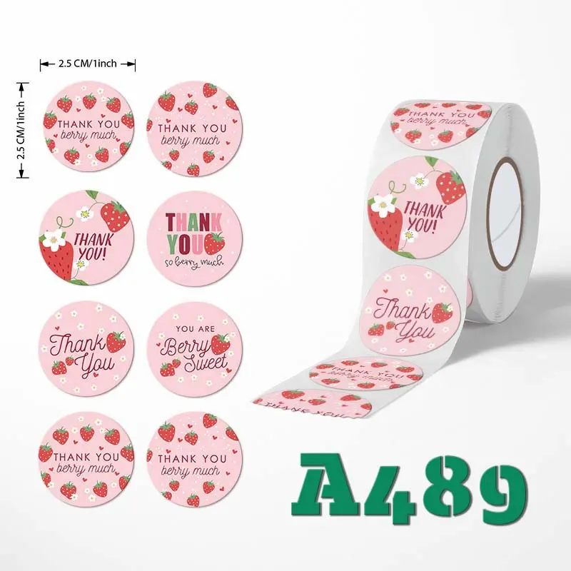 500PCS/roll sticker strawberry pattern thank you sticker cartoon sealing sticker thank you sticker gift box packaging sticker decorative sticker Sticker Packs Adhesive Stickers