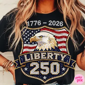 America 250th Anniversary Eagle T-Shirt Faux Rhinestone Mosaic Sparkle Patriotic Trendy Shirt Design
