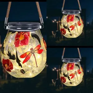 3pcs Outdoor Solar Lanterns Hanging Solar Lights Waterproof Solar Lights with Decorative Prints Glass Lantern Table Lamp for Courtyard, Garden and Path (Dragonflies and Flowers
