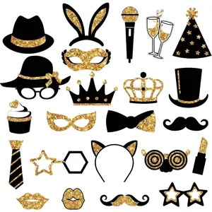 24 Pieces Party Photo Booth Props For Birthday Weddings Graduation Prom Party Supplies Mix Of Hats, Lipstick, Tie, Crowns (Golden),Christmas