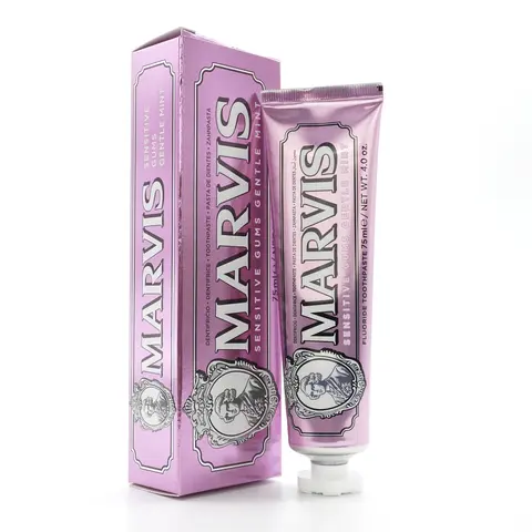 Marvis Sensitive Teeth & Gums Gentle Toothpaste for Adults - Hydrating with Hyaluronic Acid, Super Probiotic, Sodium Citrate, Gum Support, Plaque Removal, Freshens Breath, 4 oz Oral Care (Restorative Formula)
