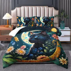 Moon Night Cat Floral Quilt Set, 3-Piece Bedding with Inner Core, 2 Pillowcases Without Core, Dreamy Bedroom Decor