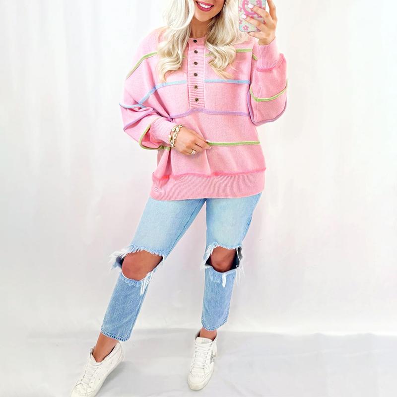 Znacicc Women's Sweater 2025 Valentine's Day Long Sleeve Tops Pink Rainbow Stripes Drop Shoulder Baggy Henley Knitwear