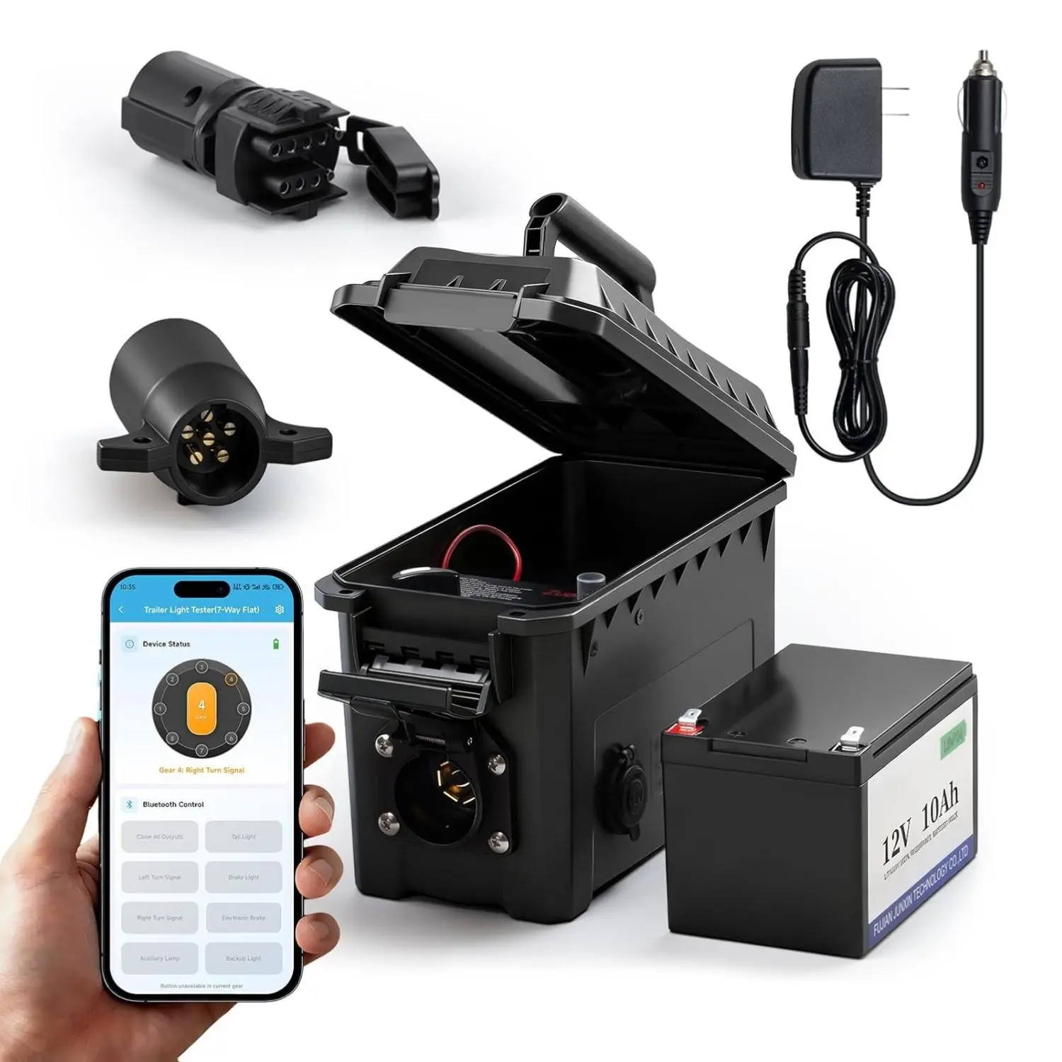 Trailer Light & Electric Brake Tester, 12V 10Ah Battery, Tests 7-Spade, 6-Round and 4/5-Flat Pin Type Trailer Harnesses, Bluetooth App Connection Remote Operation, IP68 Waterproof Case
