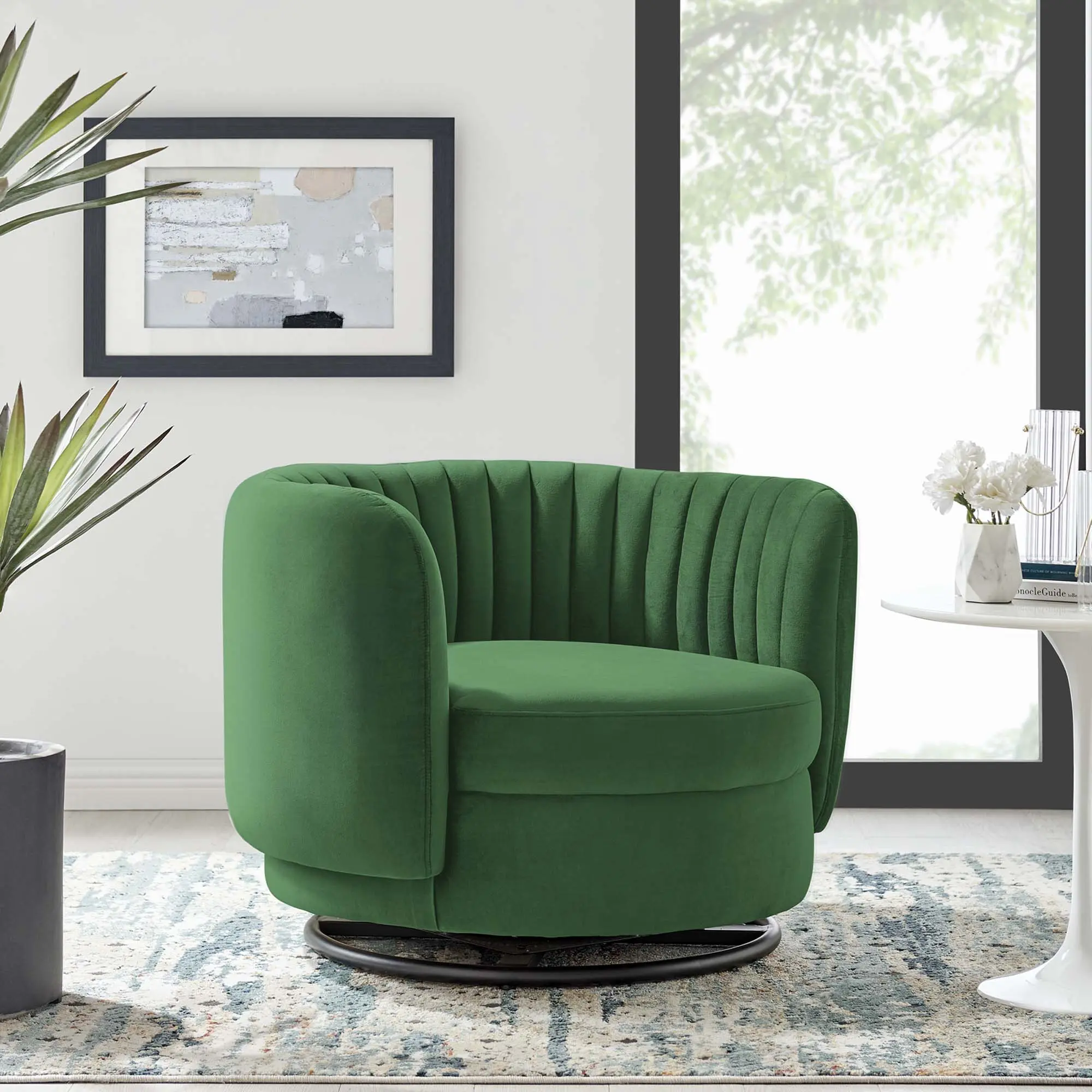Modway Embrace Channel Tufted Performance Velvet Swivel Chair - Black Emerald, Glam Modern Home Armchair with Supportive Sitting, Black Metal Swivel Base, Ideal for Entryway, Home Office, 300 lbs Capacity