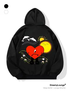 Bowl Games Couple Hoodies Heart Print Loose Fit Casual Breathable Cartoon Print Casual Hooded Sweatshirt for Home Wear Daily Use, Fall & Winter Fitted Graphic Pullover