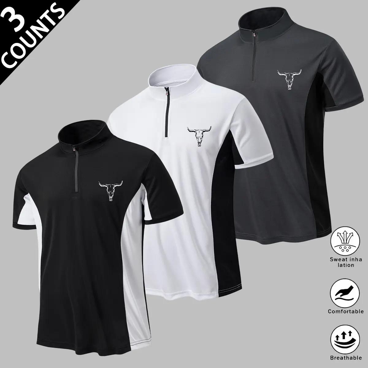 Men's 3-Pack Performance T-Shirts, Quick Dry Half-Zip Mock Neck Pullover with Western Bull Bone Print & Contrast Panels, Fitted for Gym & Hiking, Half-Zip Pull-On, Gym Wear, Tight, Male, Polyester, Athletic, Casual, 3 Counts, Hiking Gym, Fitted Cut
