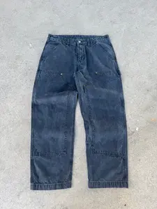 Frofooo Men's Straight-Leg Black-Wash Denim Jeans, Vintage Classic Men's Double-Knee Jeans, Men's Workwear Street Style Relaxed Fit Jeans Black Cotton pants Blue Menswear Plain Trouser Streetwear