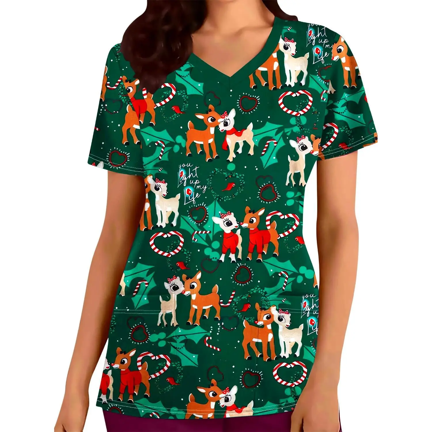 Women's Christmas Reindeer V-Neck T-Shirt - Short Sleeve Polyester Nurse Uniform with Pockets, Festive Holiday Gift, Cute and Classic Design