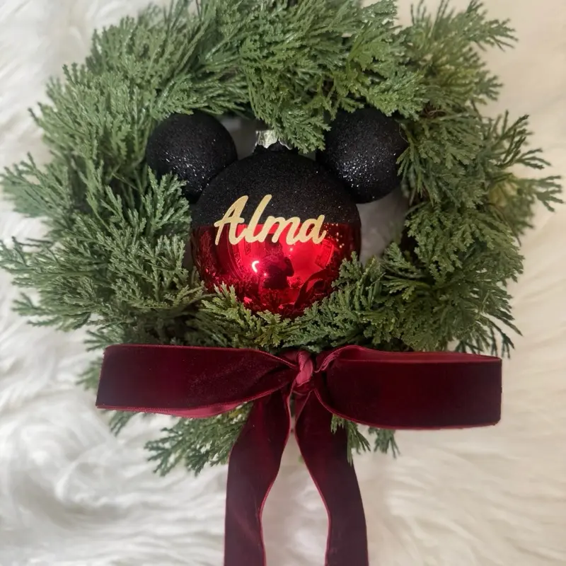 Personalized Christmas Wreath with Custom Ornament - Lush Greenery & Luxurious Burgundy Velvet Bow - Perfect for Holiday Decor