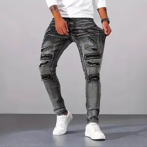 Mens Silver Gray Slim Fit Stretch Nylon Distressed Denim Jeans - Menswear, Soft Breathable Lightweight, Frayed-Leg Damaged Long Jeans, 2026 New Arrival Streetwear Casual Pants for Young Men Teens