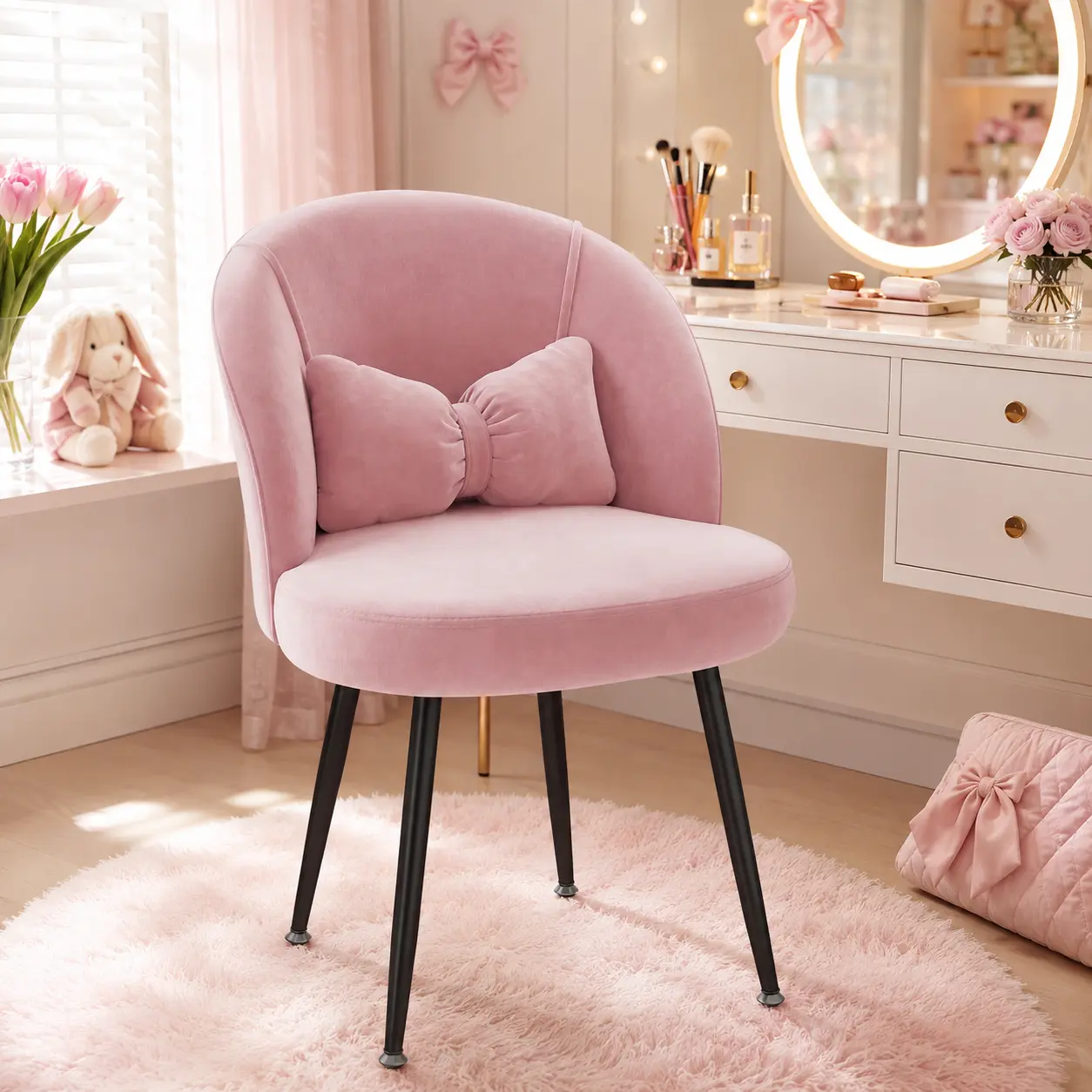 Raybee Pink Velvet Makeup Vanity Chair, with Detachable Ergonomic Lumbar Support Pillow, Wide Thick Cushion Dressing Table Seat, Cute Space-Saving Armless Accent Desk Chair, Skin-Friendly Soft Upholstered Chair for Living Room, Bedroom Office Backtoschool