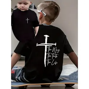 Kids Short Sleeve Black T-Shirt with Cross and The Way The Truth The Life Print for Casual Wear,100% cotton,Suitable for daily wear of both boys and girls