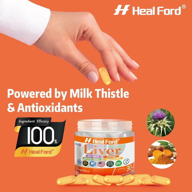 Heal Ford Milk Thistle Silymarin | Natural Liver & Intestinal Cleanse, Herbal Blend with Turmeric & Kudzu, 30 Individually Wrapped Tablets
