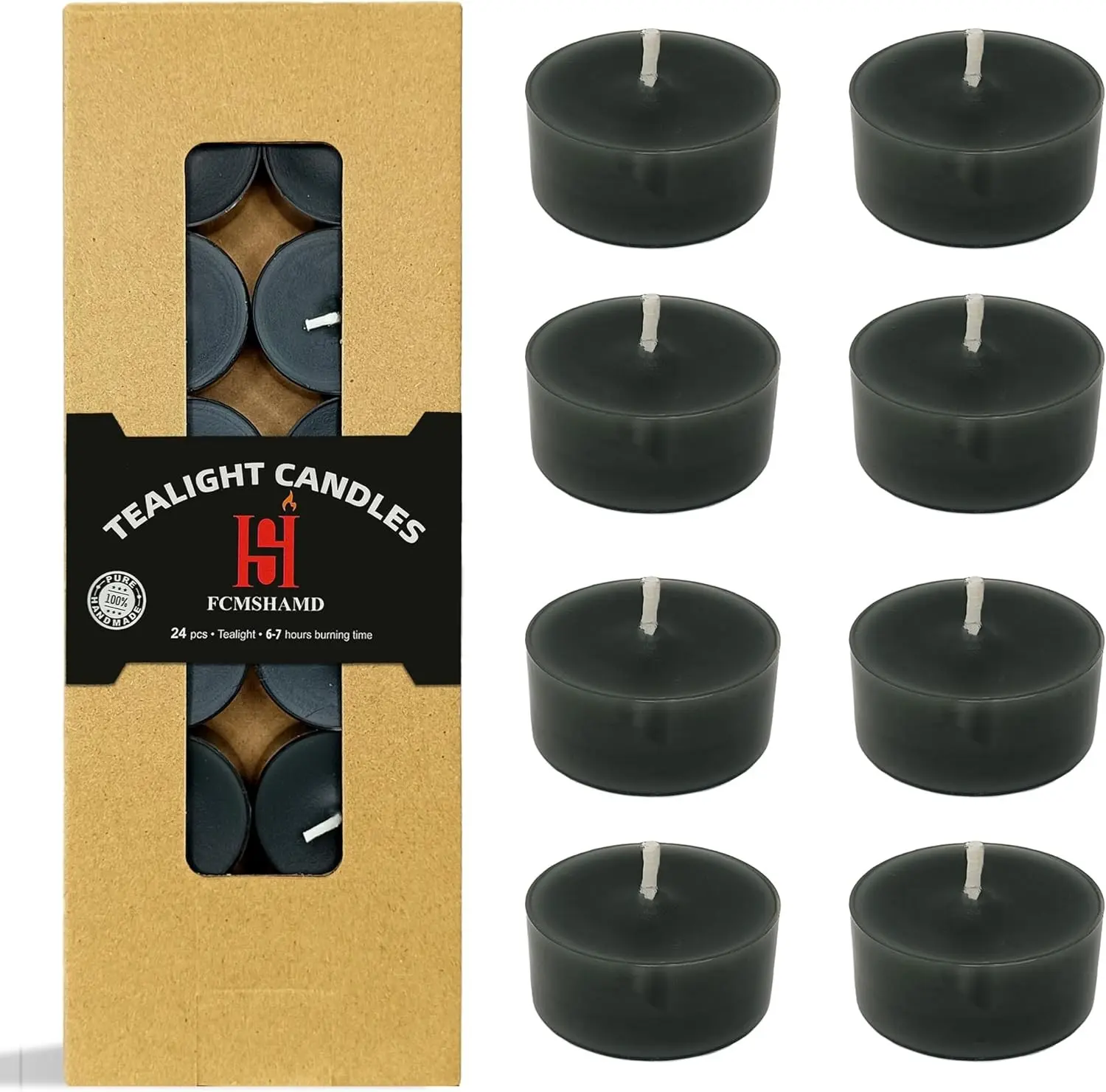 Set of 24 Black Sandalwood Scented Tealight Candles, Handmade Long Burning Tea Candles for Wedding Halloween Home Decor Gift