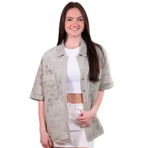 Sage Oversized Crochet Button Down Shirt Top