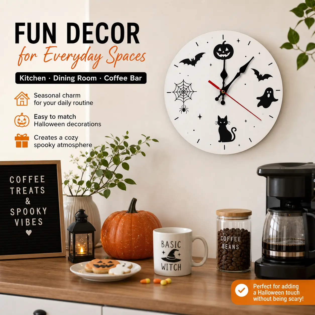 Halloween Wall Clock, Silent Non-Ticking Round Decorative Clock with Bat Pumpkin Ghost Cat Spider Web Design, Battery Operated for Home Kitchen Living Room Party Decor