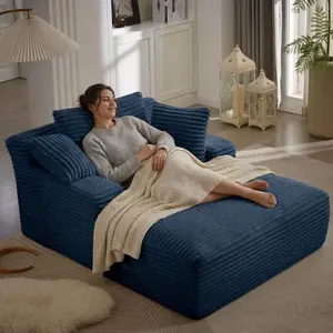 50 Inches Chaise Lounge Indoor, Oversized Chaise Lounge Chair with 3 Throw Pillows and Armrests, Corduroy Upholstered Plush Sofa Bed Lazy Chair Bed Sleeper Chair for Living Room Apartment (Blue)