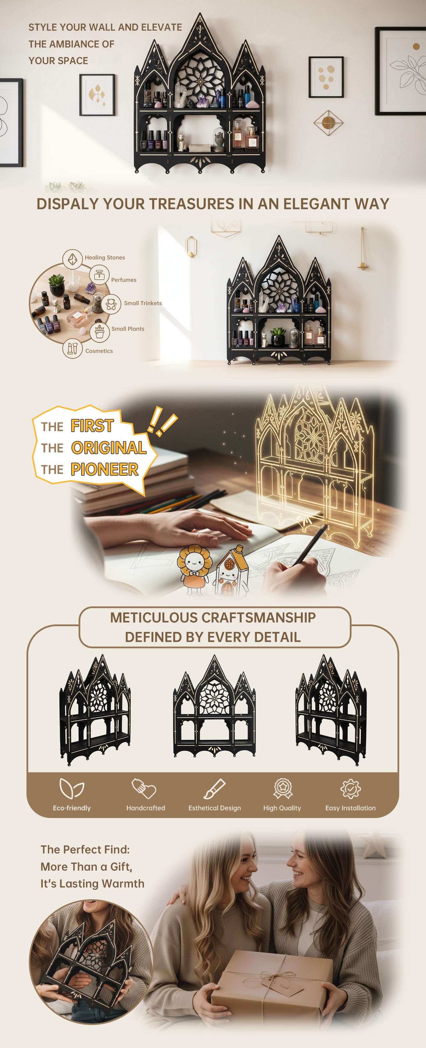 FNYDOX Gothic Trinket Shelf, Vintage Wall Shelf for Bedroom, Black Floating Shelves Gothic Witchy Home Decor Aesthetic Wall Goth Room Decor Decorative Crystal Display Shelves Vintage Gift